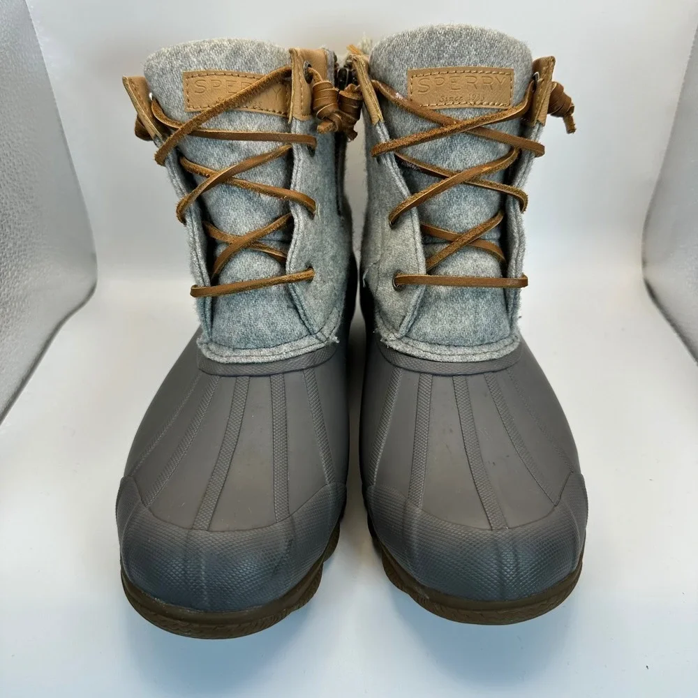 Sperry Saltwater Duck Boots Women 8.5 Grey Wool Rubber Winter Rain Preppy